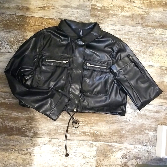 American Bazi Black Faux/Vegan Leather Crop Moto Jacket with Bungee Cinch Waist - Picture 15 of 16
